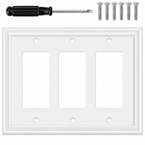 C White Decorative Triple Decorator Switch Covers Wall Plate, Natural Material Rocker Switch Plates for Receptacle, GFCI Outlet, Dimmer Switch - Modern Style (3 Gang Decorator 1 Pack)