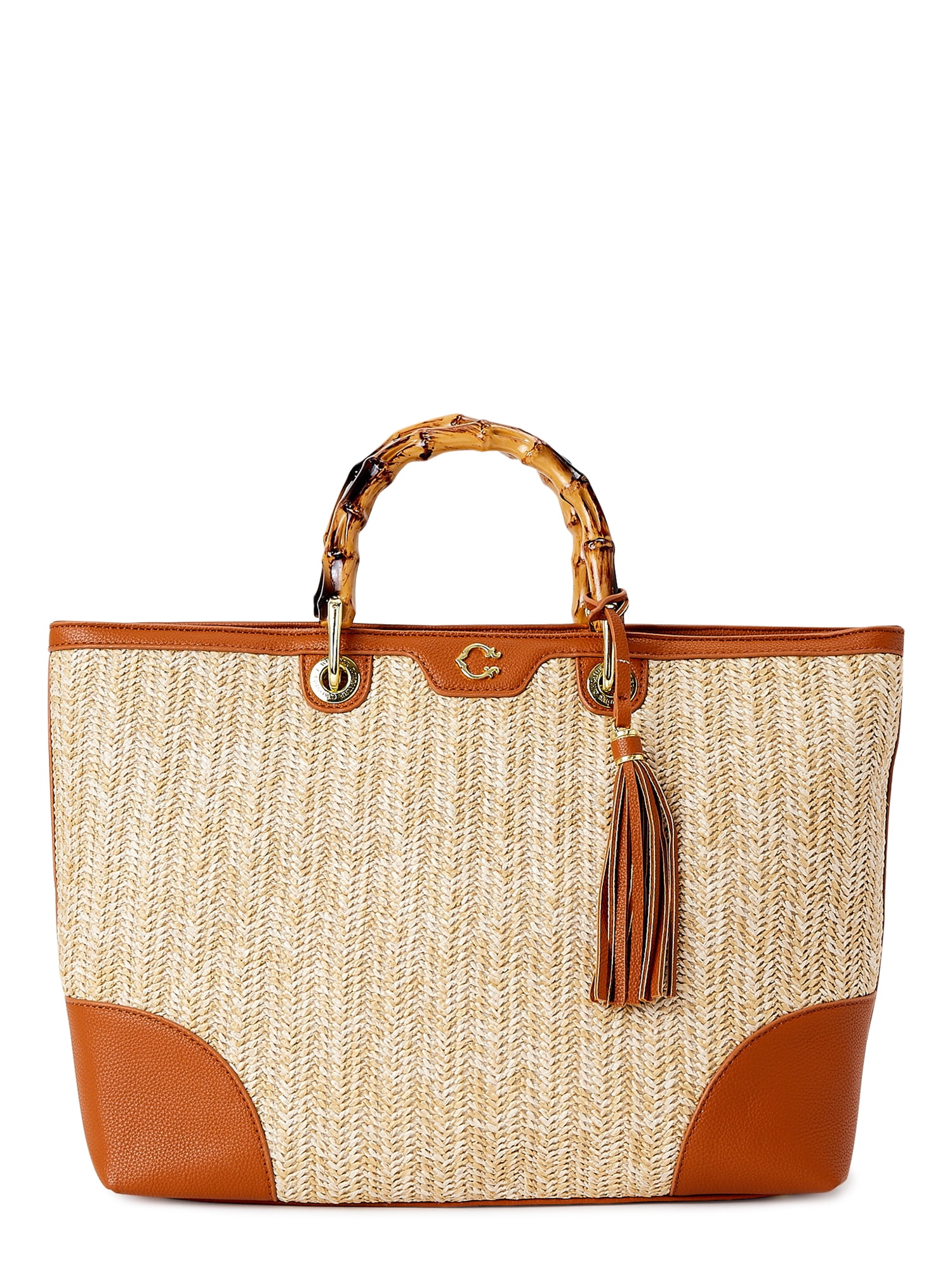 C. Wonder Women's Adult Juno Faux Straw Tote Bag with Bamboo-Look