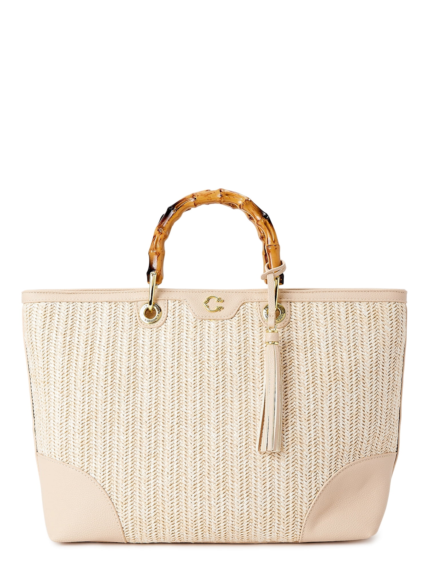 C. Wonder Women's Adult Juno Faux Straw Tote Bag with Bamboo-Look Handles  Wheat 