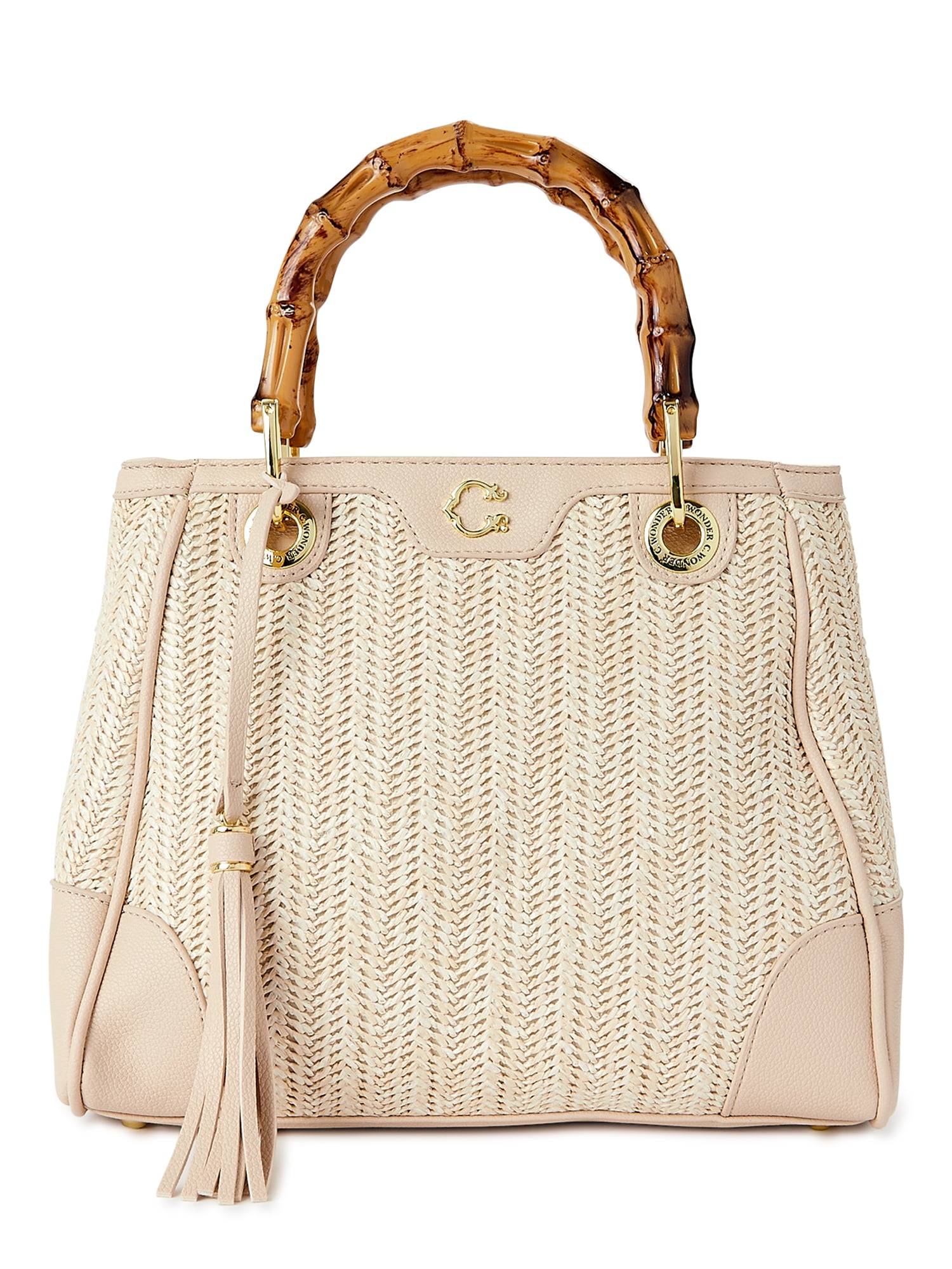 C. Wonder Women's Adult Skye Straw Bamboo Handle Satchel Handbag Wheat