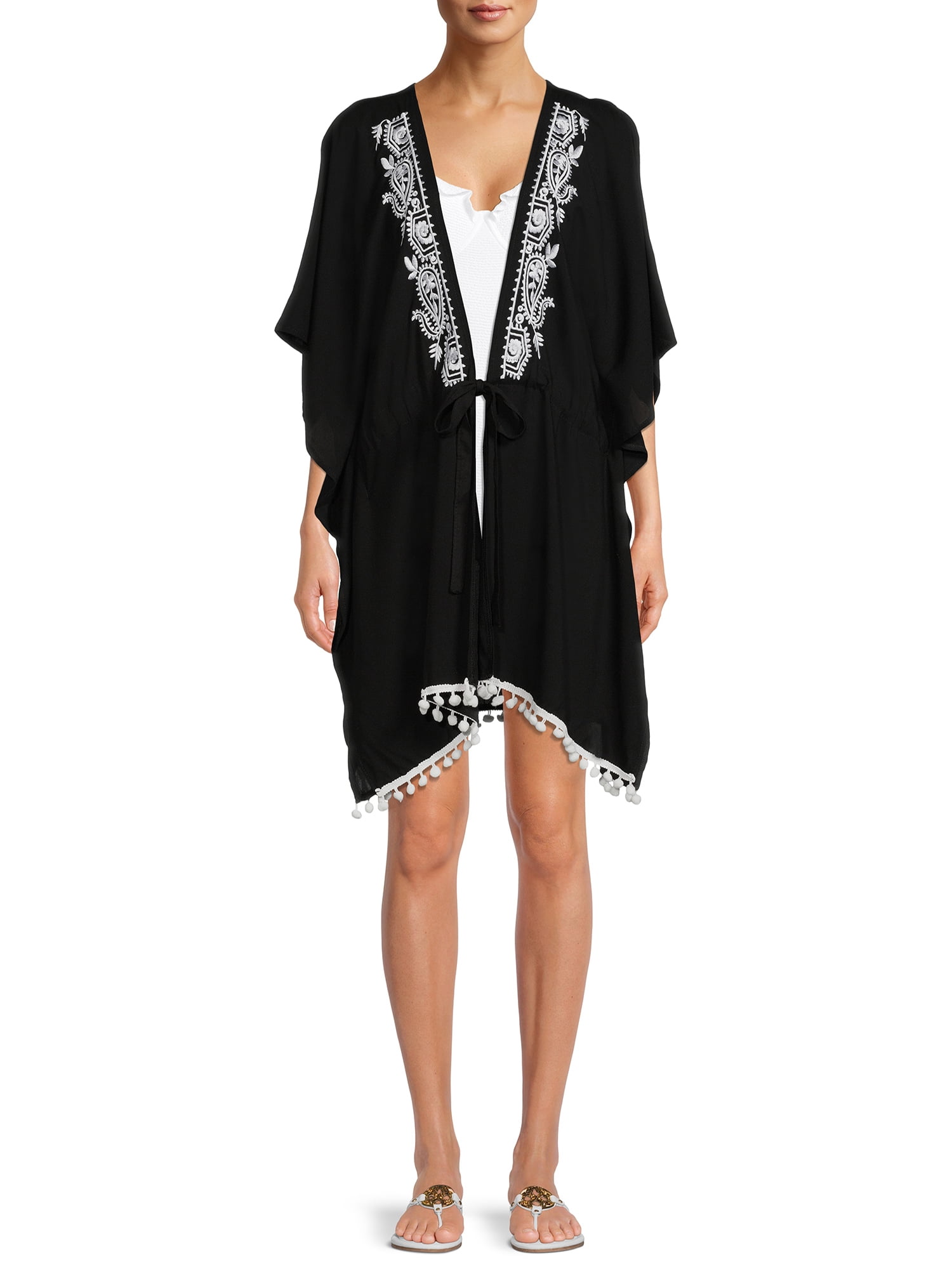 C. Wonder Women's Embroidered Ruana with Pom Pom Trim