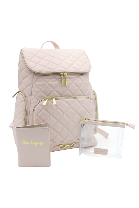 C.Wonder Women's Quilted Travel Backpack Bundle; Backpack, Passport Cover and Toiletry Bag Blush