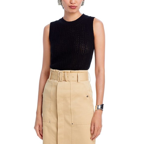 C by Bloomingdale's Cahmere BLACK Women's Crochet Crewneck Vest, US Large