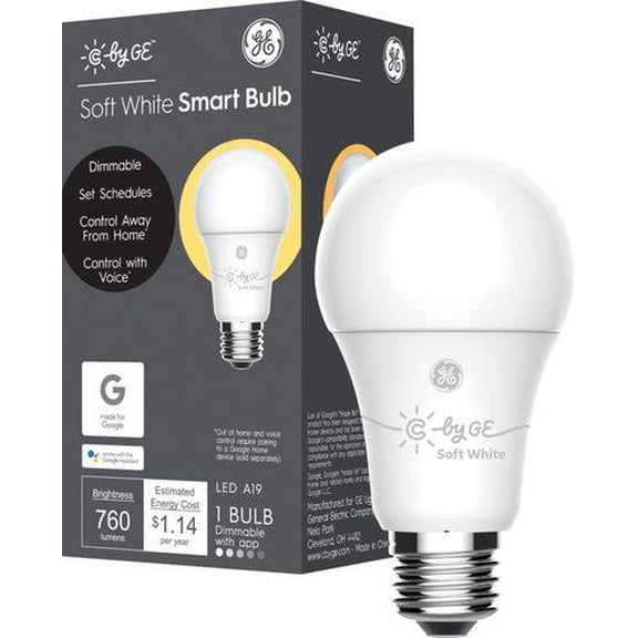 C by GE A19 Smart LED Light Bulb works with Google Assistant/Alexa/HomeKit, Soft White