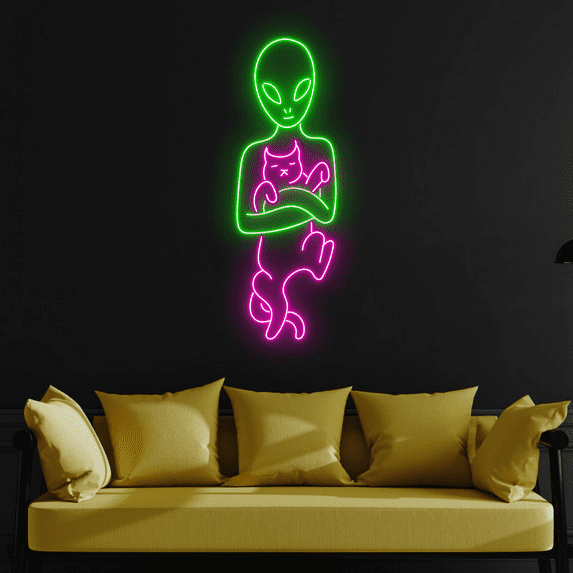 C-craft Alien with Cat Neon Sign Add Extraterrestrial Charm to Your Space Themed Bedroom