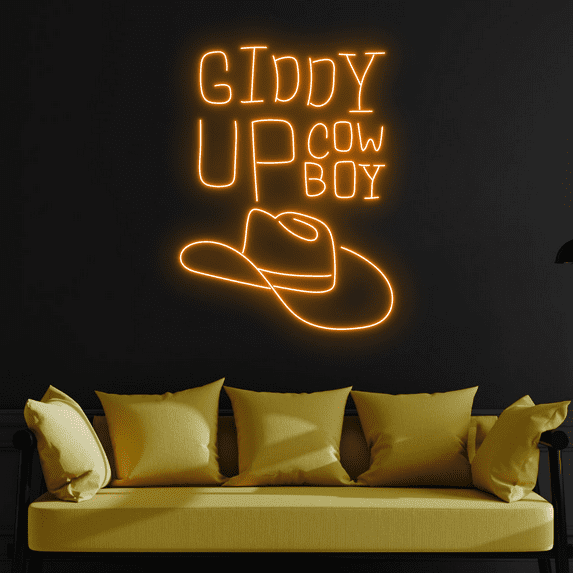 C-craft Giddy Up Cowboy Hat Neon Sign Wall Art Vintage Decor Led Sign for Living Room Wall Decor