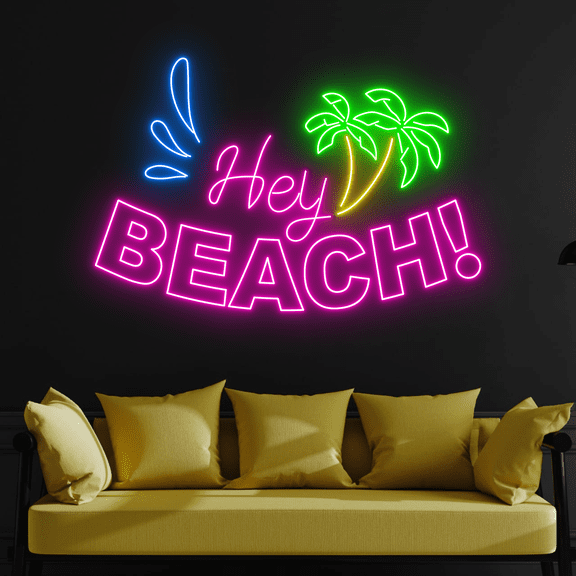 C-craft Hey Beach Palm Tree Neon Sign Wall Art Led Sign Party Decorations House Decor Gift