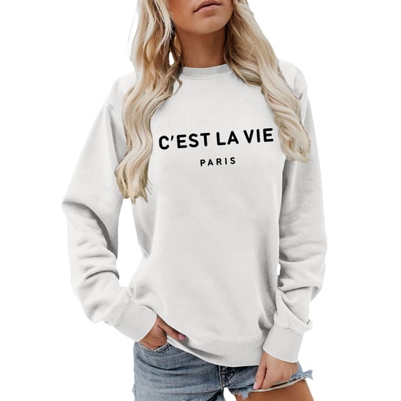C'est La Vie Paris Sweatshirts for Women Oversized Letter Graphic Crewneck Tops Casual Drop Shoulder Long Sleeve Pullover Sweatshirt Fashion Streetwear Workout Outfits White S