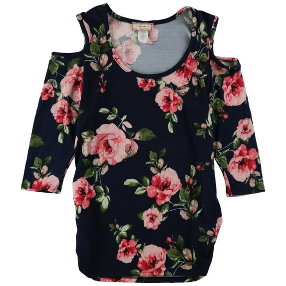 C'est La Vie Womens Floral Cold-Shoulder Knit Blouse, Blue, Medium
