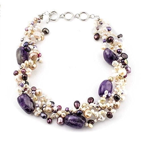 Elegant Multi-Strand Amethyst and Freshwater Pearl Torsade Statement Necklace with Toggle Clasp, 17 Inches Jewelry Necklace