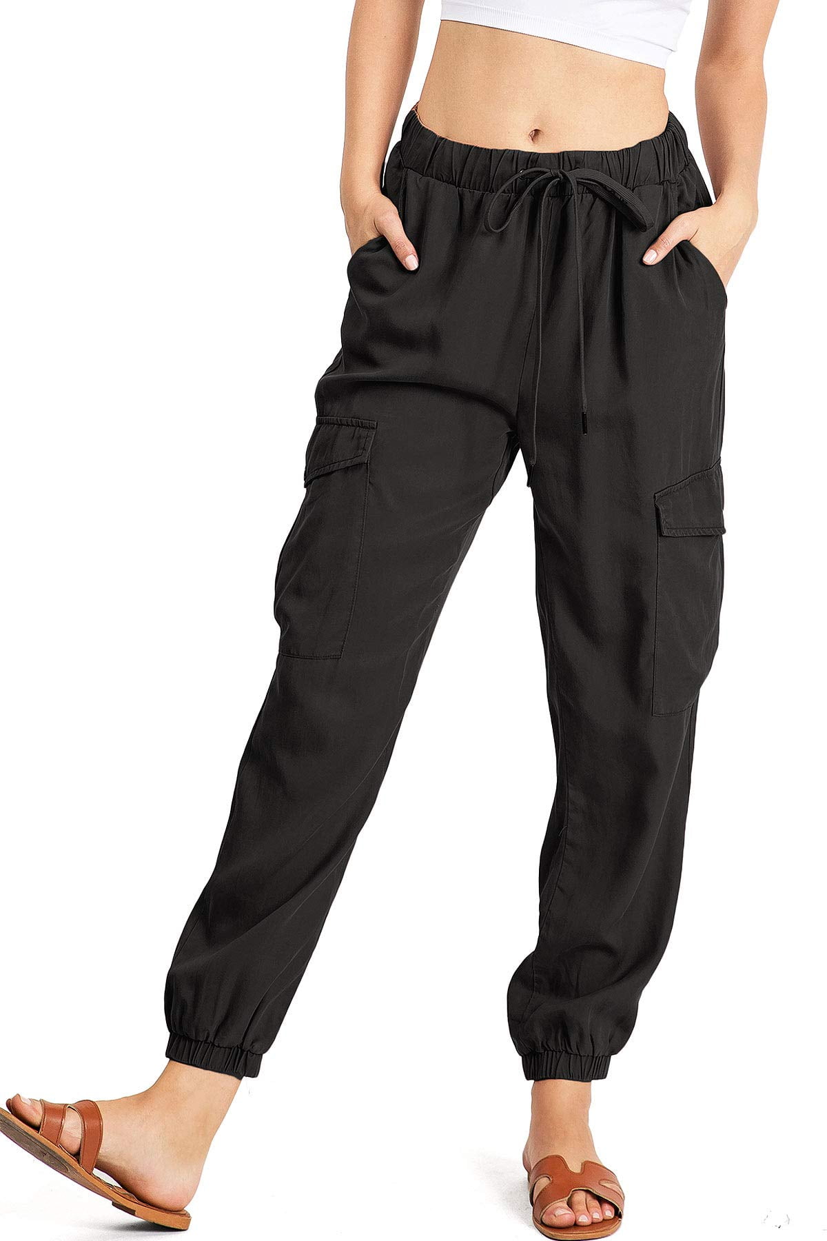C est Toi Women s High Rise Baggy Cargo Woven Tencel Jogger Pants Black Large Walmart