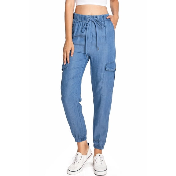 C'est Toi Women's High Rise Baggy Cargo Woven Tencel Jogger Pants (Medium Denim, Large)