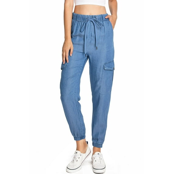 C'est Toi Women's High Rise Baggy Cargo Woven Tencel Jogger Pants (Medium Denim, Small)