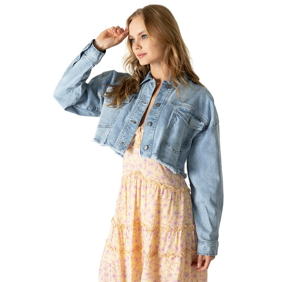 C'est Toi Women's Juniors Relax Denim Cropped Jean Jacket (L, Light Denim)
