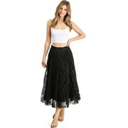C'est Toi Womens Juniors Pleated A-Line Lace Overlay Midi Skirt (Medium, Black)