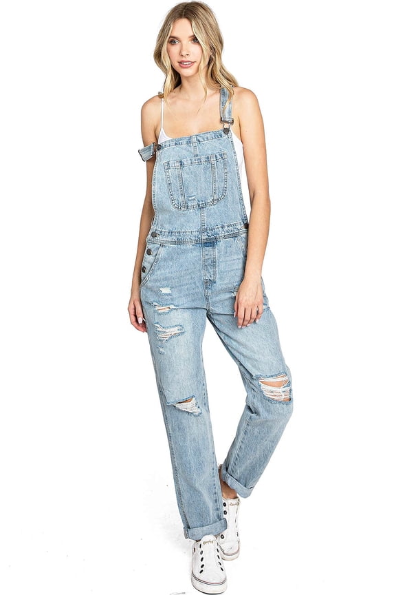 by Black Label Women's Juniors Baggy Distressed Denim Overalls (Large, Light Denim)