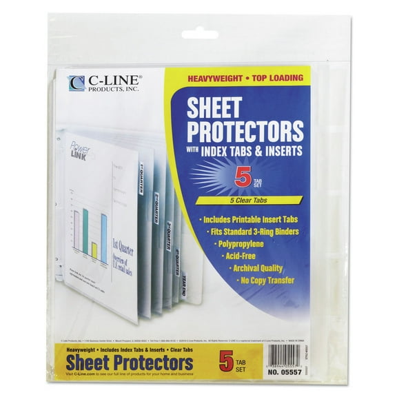 C-Line 05557 11 in. x 8.5 in. 2 in. Heavy Sheet Protectors with Index Tabs - Clear Tabs (1-Set)