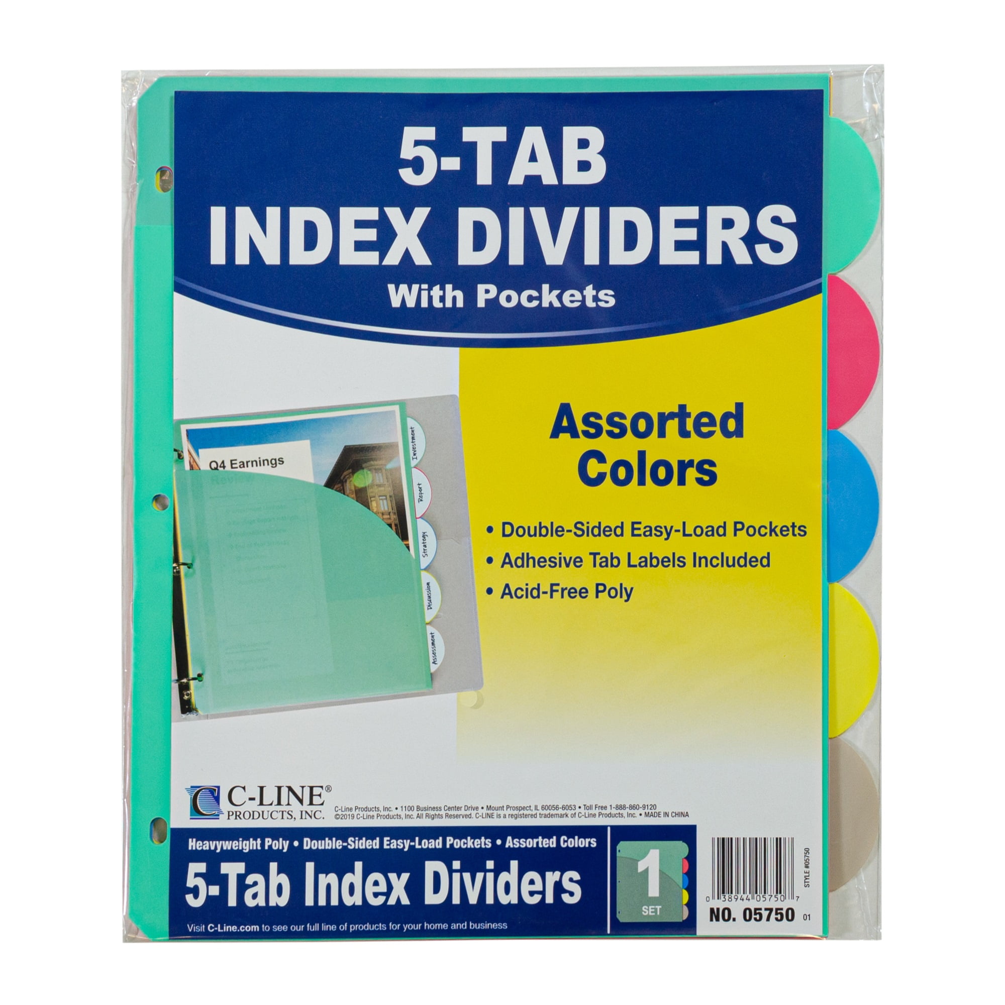 C-line 5-Tab Poly Binder Index Dividers with Slant Pockets, Assorted, 5 ...