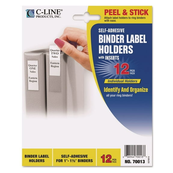 C-Line 70013 1 x 2.81 Self-Adhesive Top Load Ring Binder Label Holders - Clear (12/Pack)