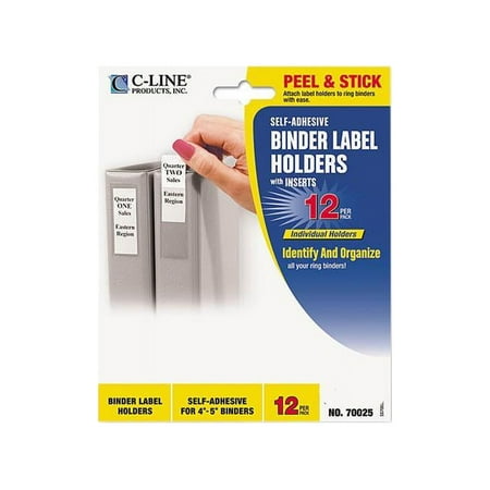 C-line 70025 Self-Adhesive Ring Binder Label Holders, Top Load, 1-3/4 x 3-1/4, Clear, 12/Pack