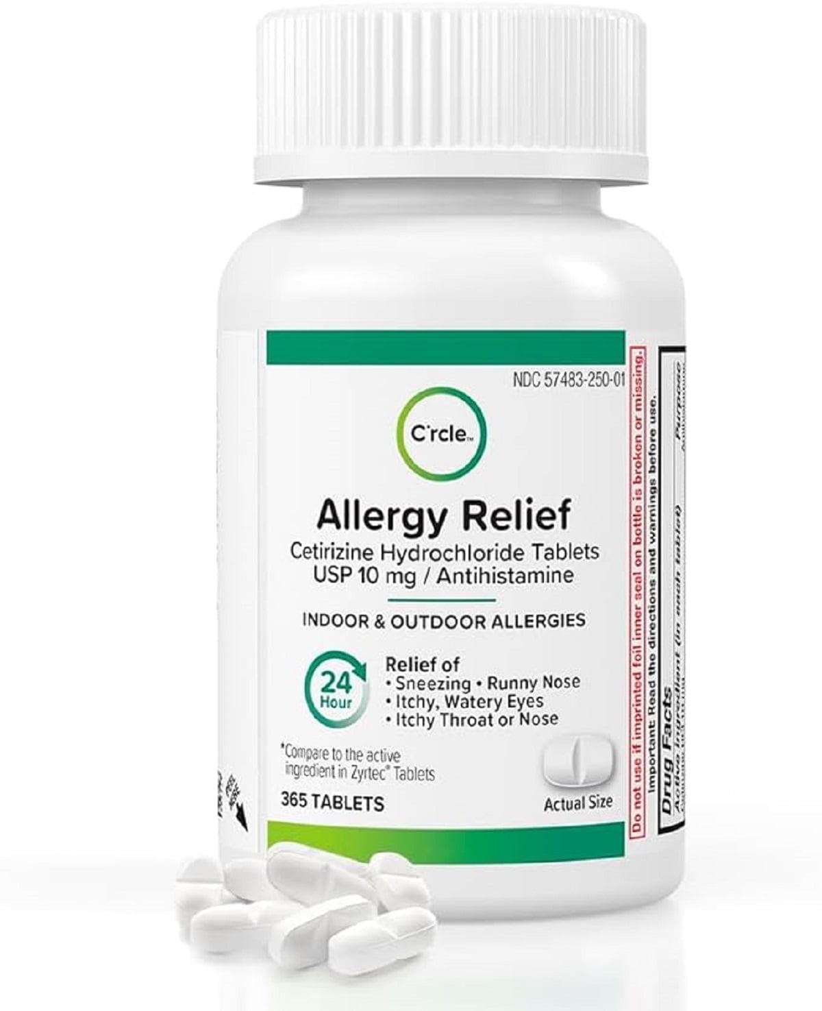 Crcle Cetirizine Hydrochloride Allergy Relief Tablets, 10 mg, 365 Count