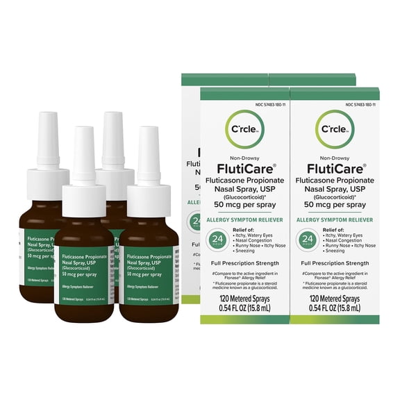 C'rcle FlutiCare Fluticasone Propionate Nasal Spray Allergy Relief 4 Pack, 50 mcg, 120 Sprays Each