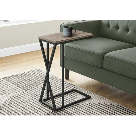 C-shaped Accent Table for Living & Bedroom, Brown Laminate & Black Metal, Convenient Slide-Under Base