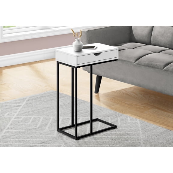 C-shaped Accent Table for Living Room & Bedroom - White Laminate, Black Metal, Storage Drawer with Slide-Under Base