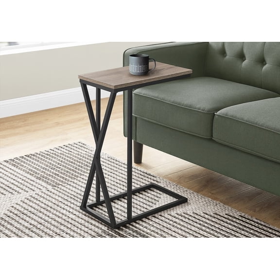 C-shaped Accent Table with Black Metal & Brown Laminate | Convenient Under Sofa Slide