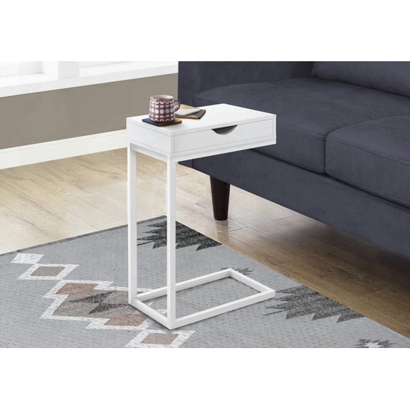 C-shaped Accent Table with Storage Drawer - White Laminate & Metal, Living & Bedroom Use, 16x10.25x24.5 inches