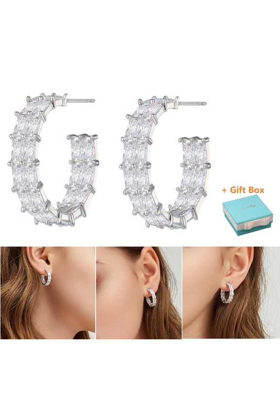 C-shaped Earrings with Synthetic Cubic Zirconia & 925 Sterling Silver Needle for Women Bridal Wedding Holiday Earring Studs Gift for Her, Silver