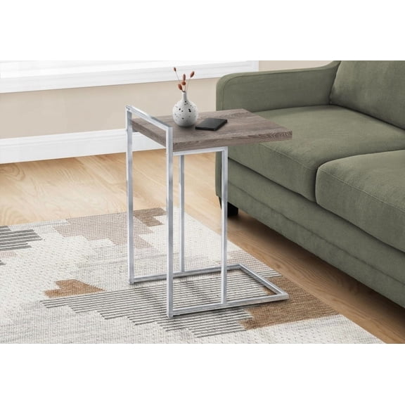 Modern C-shaped Accent Table with Chrome Metal Base and Brown Laminate Top for Living Room and Bedroom (26.5H x 16L x 18.25W)