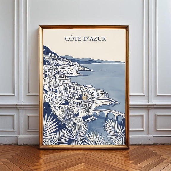 Côte Dazur French Riviera Wall Coastal Landscape Mediterranean Sea Decor Minimalist Travel Elegant Blue Aesthetic Poster Wall Art Print