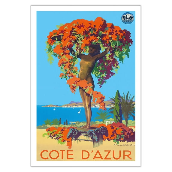 Côte d'Azur France - French Riviera - Chemins de fer de Paris-Lyon-Méditerranée Railway (PLM) - Vintage Travel Poster by Julien Lacaze c.1935 - Fine Art Matte Paper Print (Unframed) 30x44in
