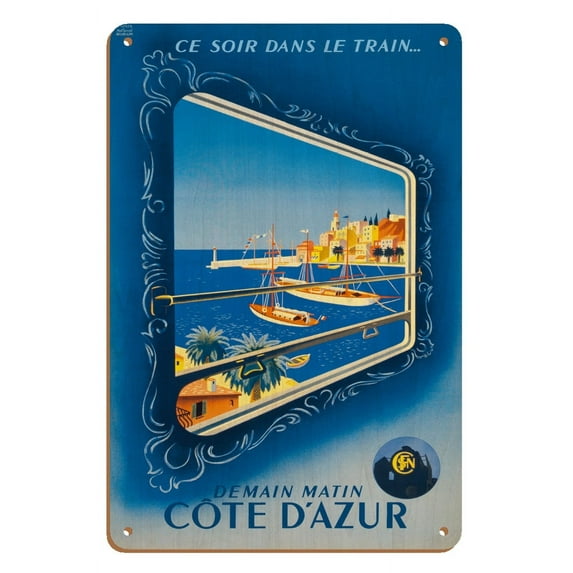 Côte d'Azur France - French Riviera - SNCF French National Railway - Vintage Travel Poster by Roland Hugen c.1947 - 8 x 12 inch Vintage Wood Art Sign