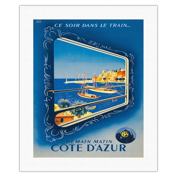 Côte d'Azur France - French Riviera - SNCF French National Railway - Vintage Travel Poster by Roland Hugen c.1947 - Fine Art Rolled Canvas Print 16in x 20in