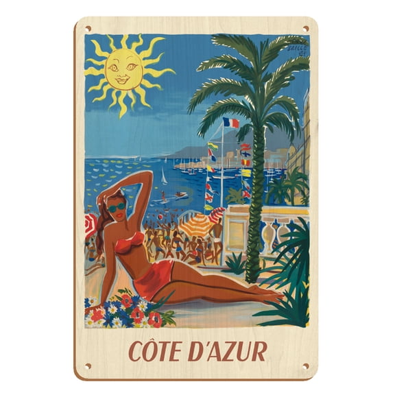 Côte d’Azur - France - The French Riveria - Vintage Travel Poster by Hervé Baille c.1949 - 8 x 12 inch Vintage Wood Art Sign