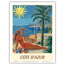 Côte d’Azur - France - The French Riveria - Vintage Travel Poster by Hervé Baille c.1949 - Master Art Print (Unframed) 9in x 12in