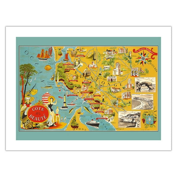 Côte de Beauté France - French South Western Coastline - Vintage Pictorial Map by Lucien Boucher c.1940 - Fine Art Matte Paper Print (Unframed) 24x32in