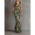 thumbnail image 1 of Cévolie Womens Sleeveless V-Neck Green Animal Print Maxi Dress, 1 of 6