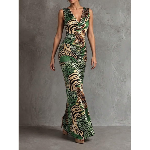 Cévolie Womens Sleeveless V-Neck Green Animal Print Maxi Dress
