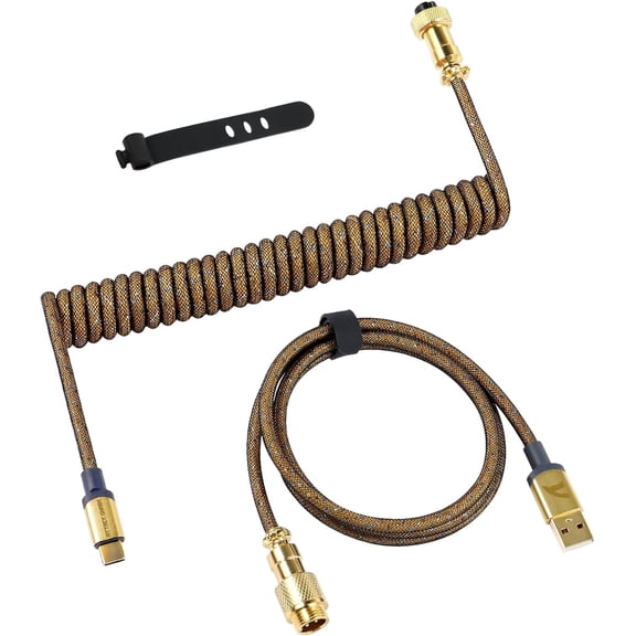 C03 Double Sleeve Extendable Spring Line 24K Gold Aviator Coiled Cable for Gaming Keyboard-Gold