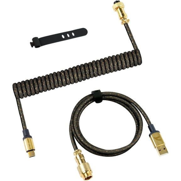 C03 Double Sleeve Extendable Spring Line 24K Gold Aviator Coiled Cable for Gaming Keyboard-Gray