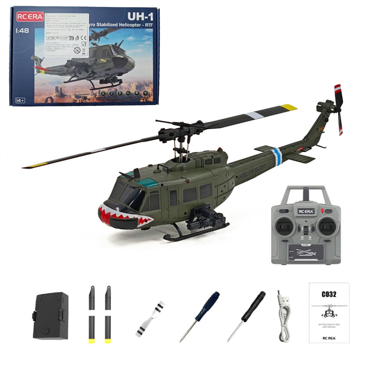 C032 1/48 Scale UH-1 Huey 2.4G 6CH Flybarless RC Helicopter Model (RTF Version/Vietnam War Shark Mouth