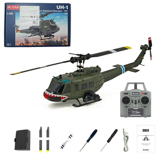 C032 1/48 Scale UH-1 Huey 2.4G 6CH Flybarless RC Helicopter RTF with Brushless Motor, Optical Flow Positioning, 3D Flight, Gift for Adults (RTF Version/Vietnam War Shark Mouth)
