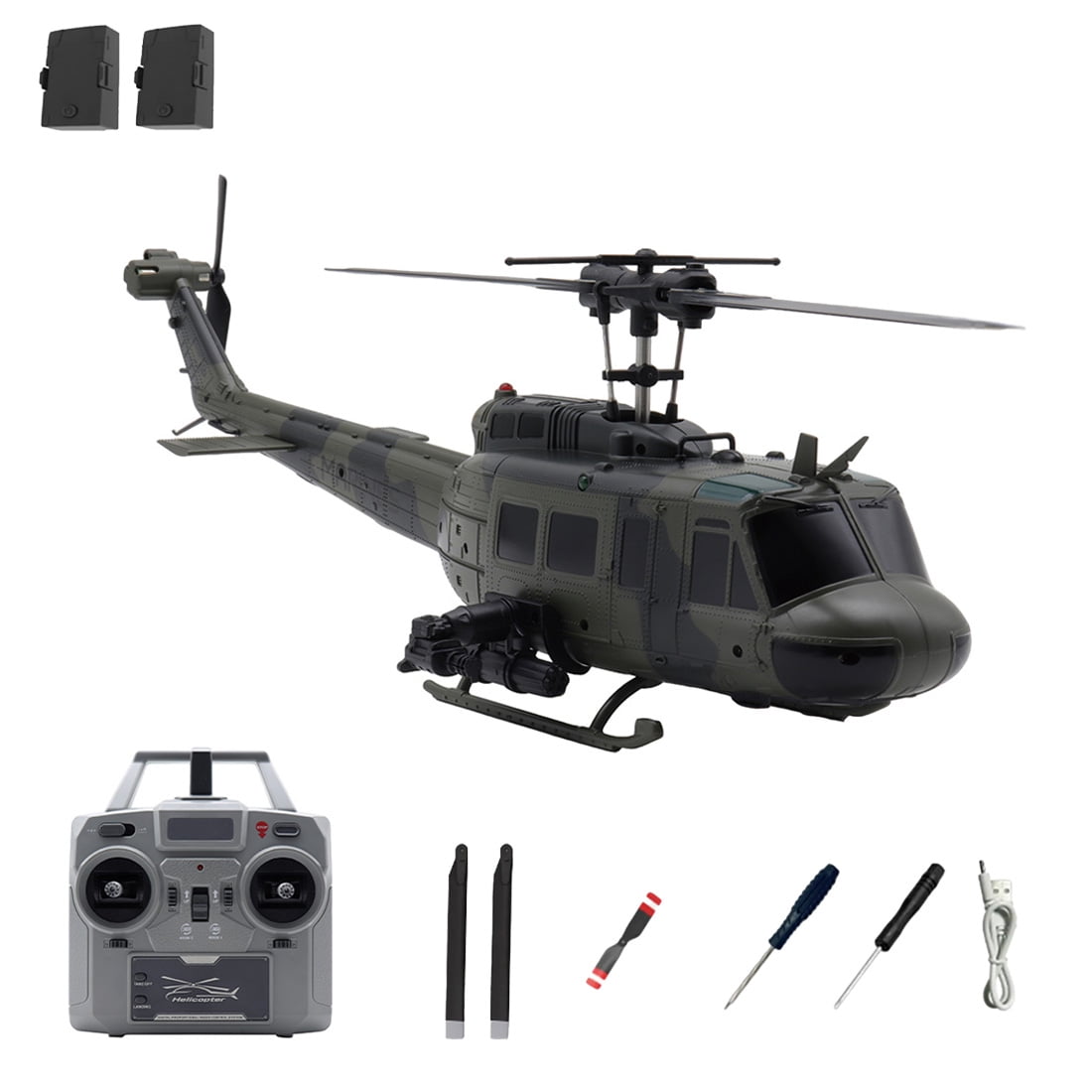 C032 1/48 Scale UH-1 Huey RC Helicopter, 6CH Aileronless with Stabilization, Altitude Hold, Optical Flow, Brushless Motor for Adults Enthusiasts(2 Battery)