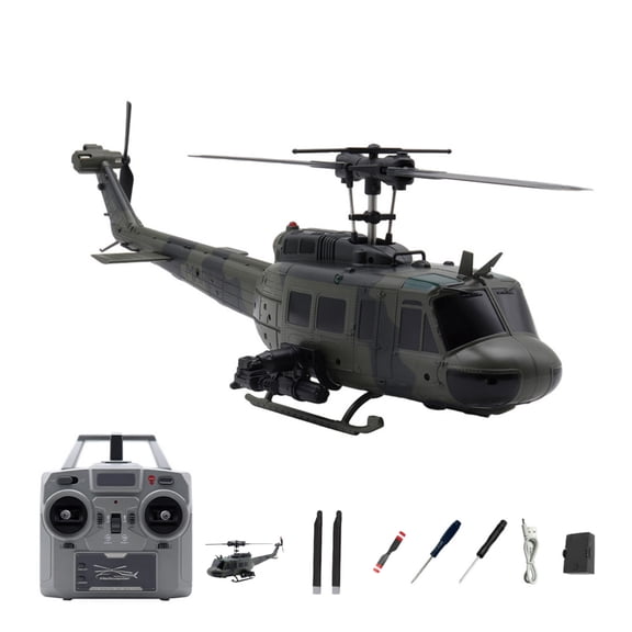 C032 UH-1 Huey 6-Channel Flybarless Scale Stunt RC Helicopter for Adults - Optical Flow Positioning Version, Remote Control Helicopter, Camouflage Green