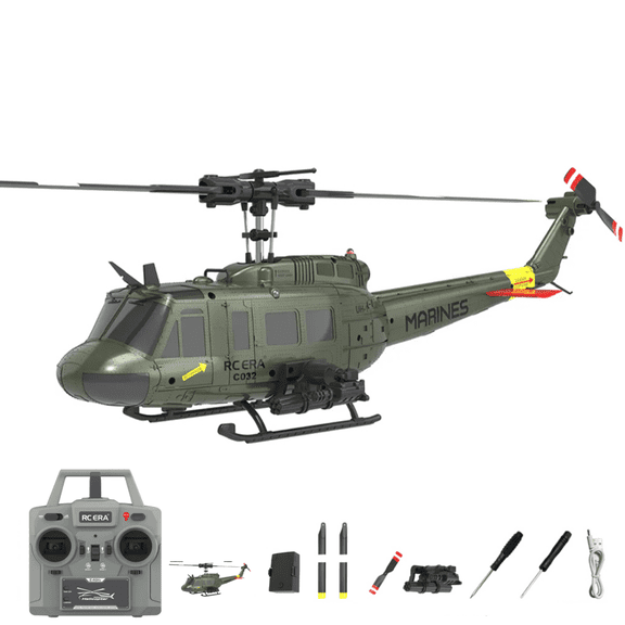 C032 UH-1 Huey 6CH Gyro Stabilized RC Helicopter - Flybarless Scale Model with Altitude Hold & Optical Flow, Remote Control Helicopter for Adults, Green