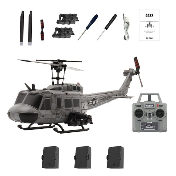 C032 UH-1 Huey RC Helicopter for Adults, 1/48 Scale 2.4G 6CH Flybarless RC Military Aircraft Model with 6-Axis Gyroscope, 3D Inverted Flight, Optical Flow Positioning - 3 Battery