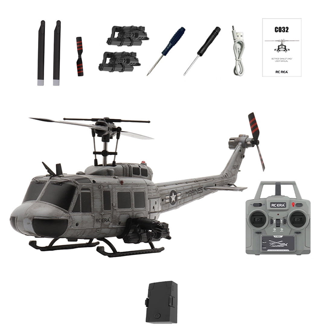 C032 UH-1 Huey RC Helicopter for Adults, 1/48 Scale 2.4G 6CH Flybarless RC Military Aircraft Model with 6-Axis Gyroscope, 3D Inverted Flight, Optical Flow Positioning - 1 Battery